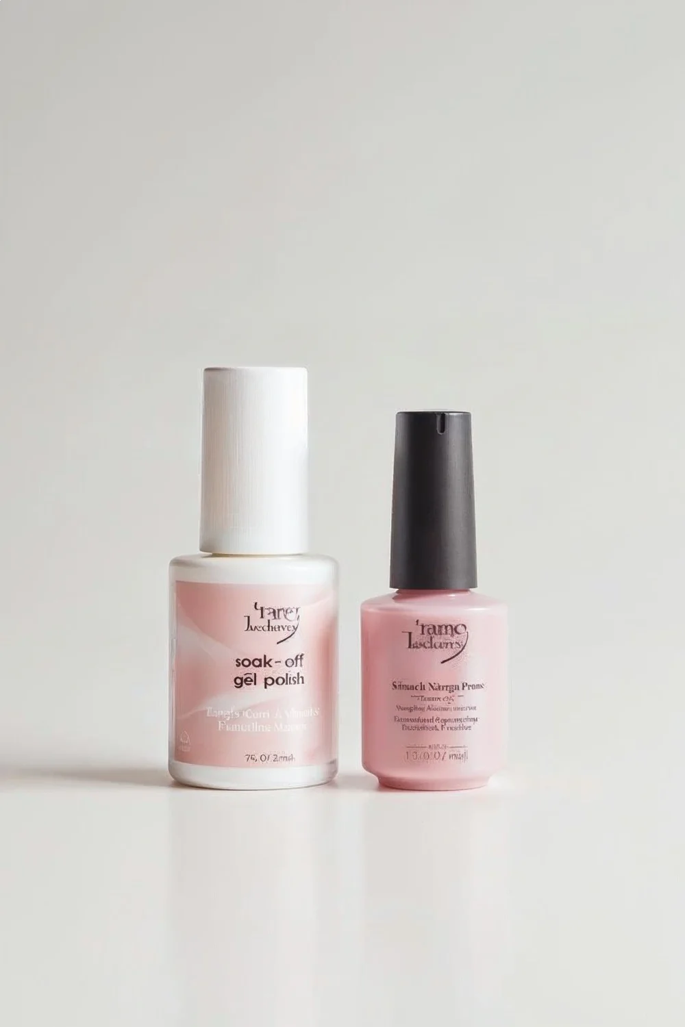 Soak-off gel polish bottle and hard gel extension product side by side with clear labels, both in soft pink tones