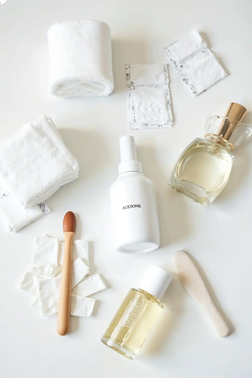 Flat lay of acetone bottle, cotton rounds, foil squares, wooden pusher, buffer, and cuticle oil on white surface for how to r