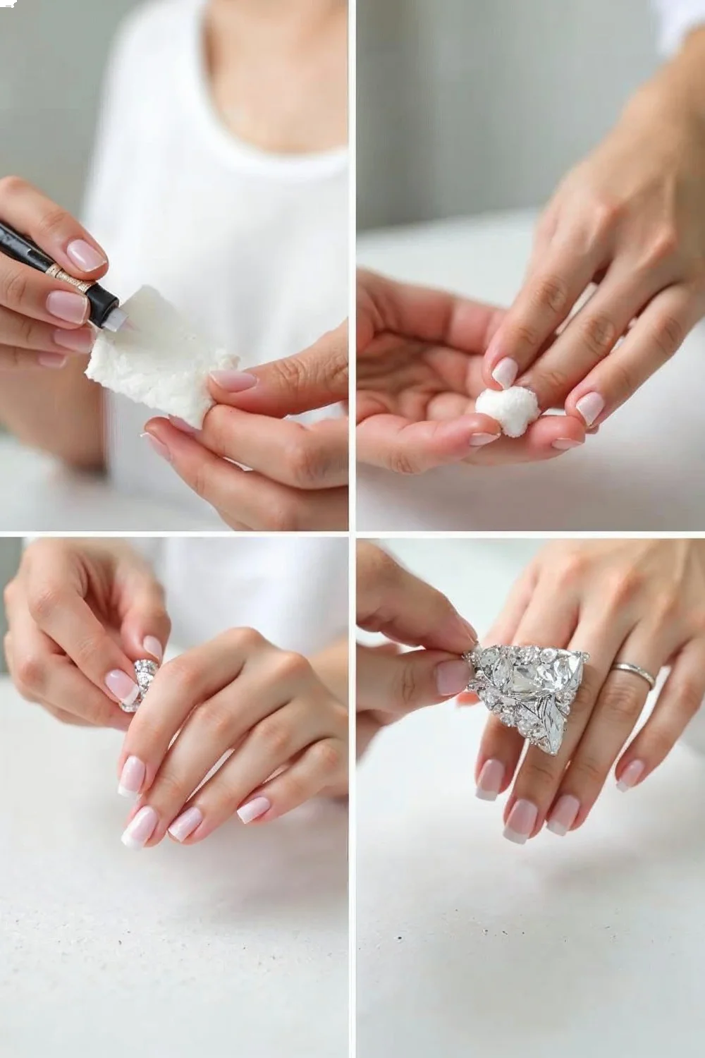 Hands applying cotton and foil to coral pink gel nails, demonstrating how to remove gel nails at home
