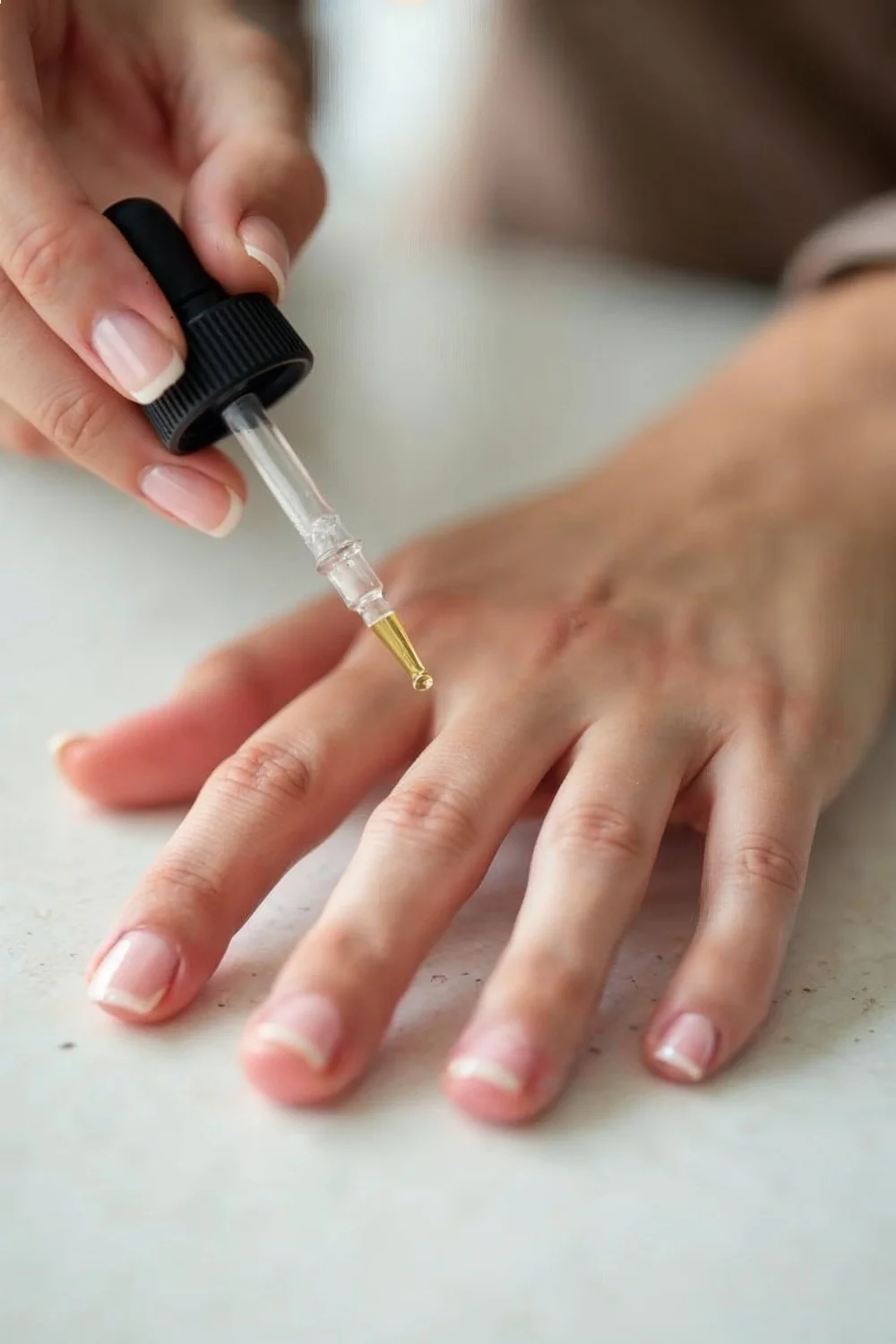 Hand applying cuticle oil with a dropper to bare nails, focusing on the nail plate and cuticle area