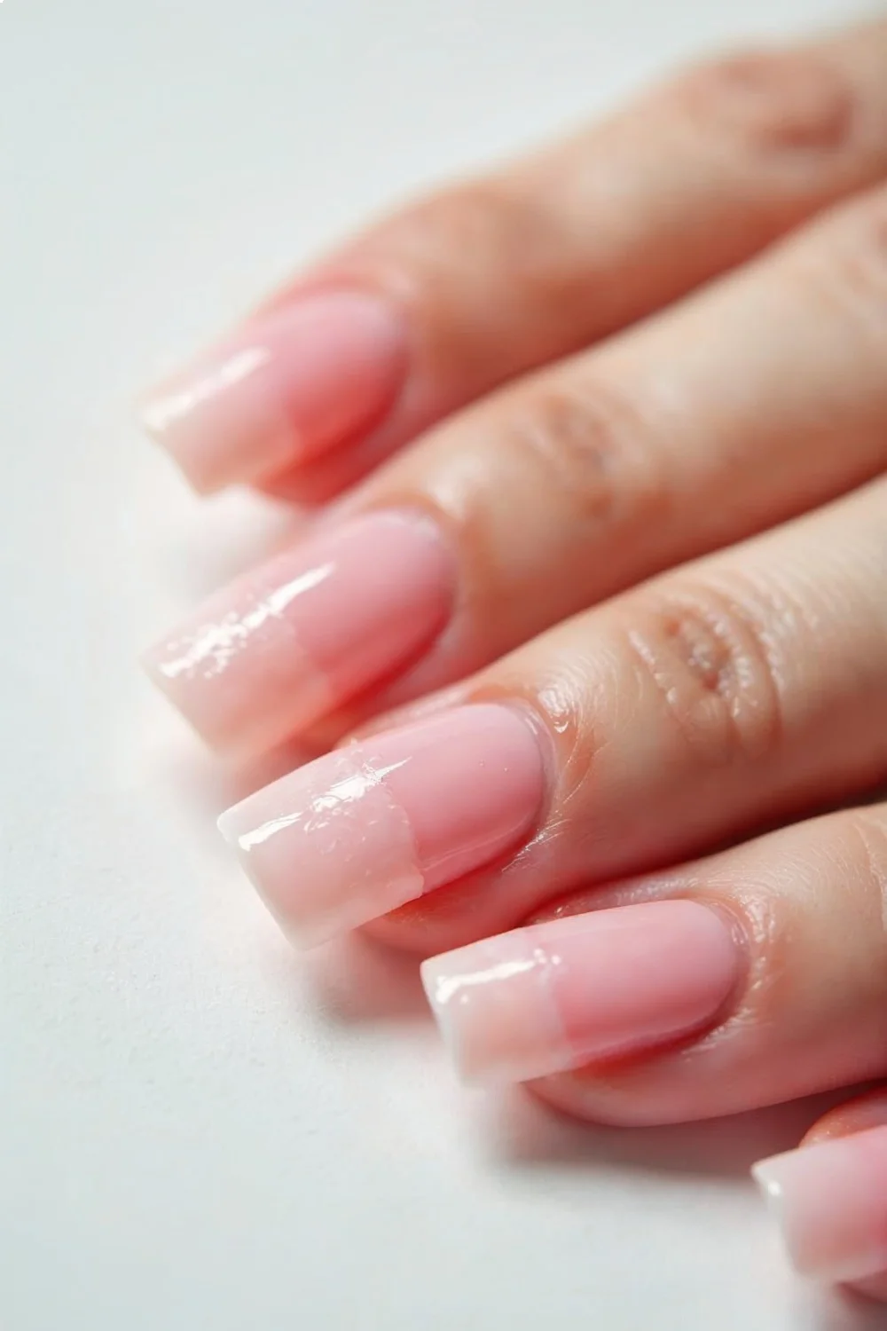 coral pink gel nails in various stages of removal—fully lifted, partially soft, and stubbornly adhered