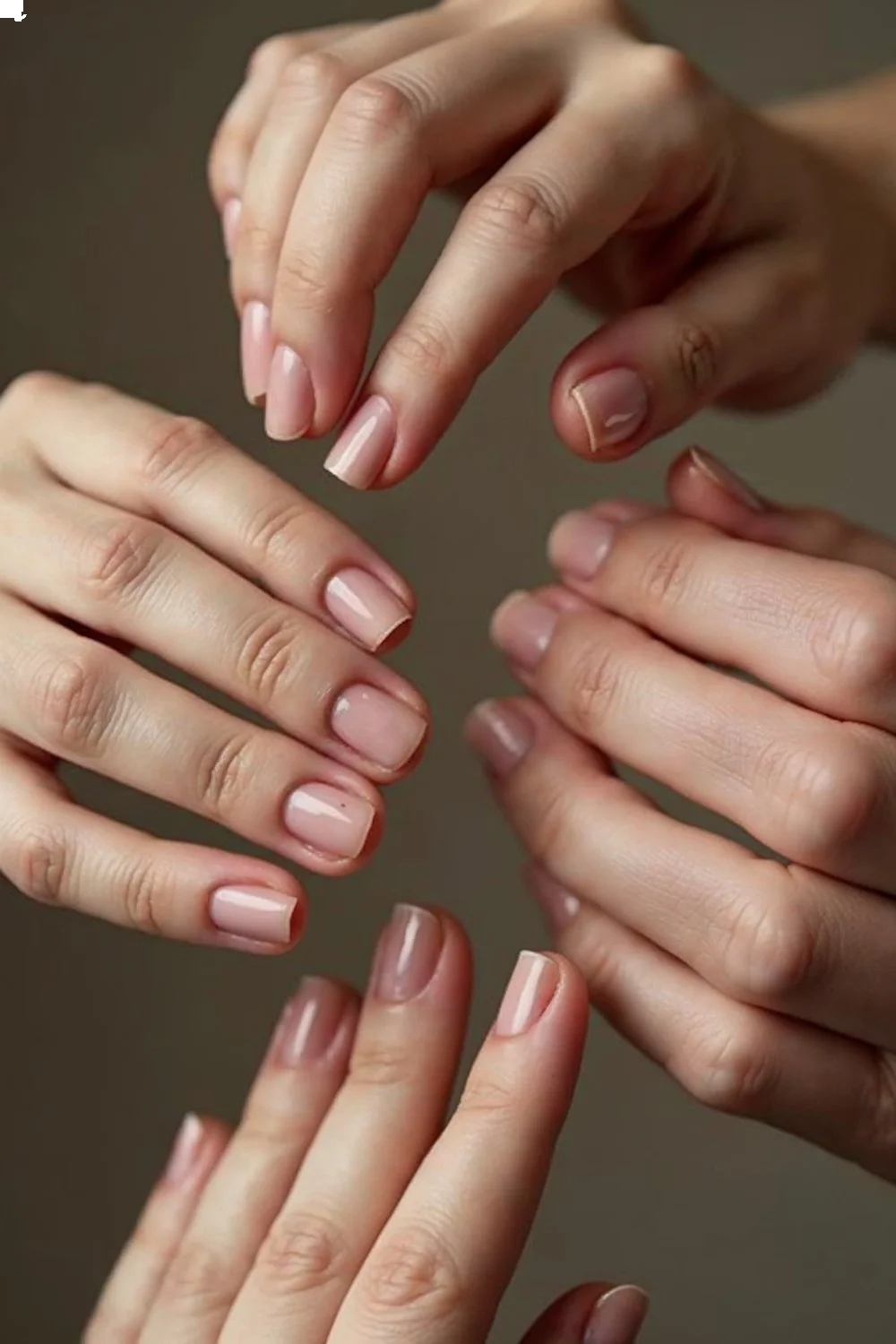 Close-up of hands with various round nail shapes on different nail types and skin tones