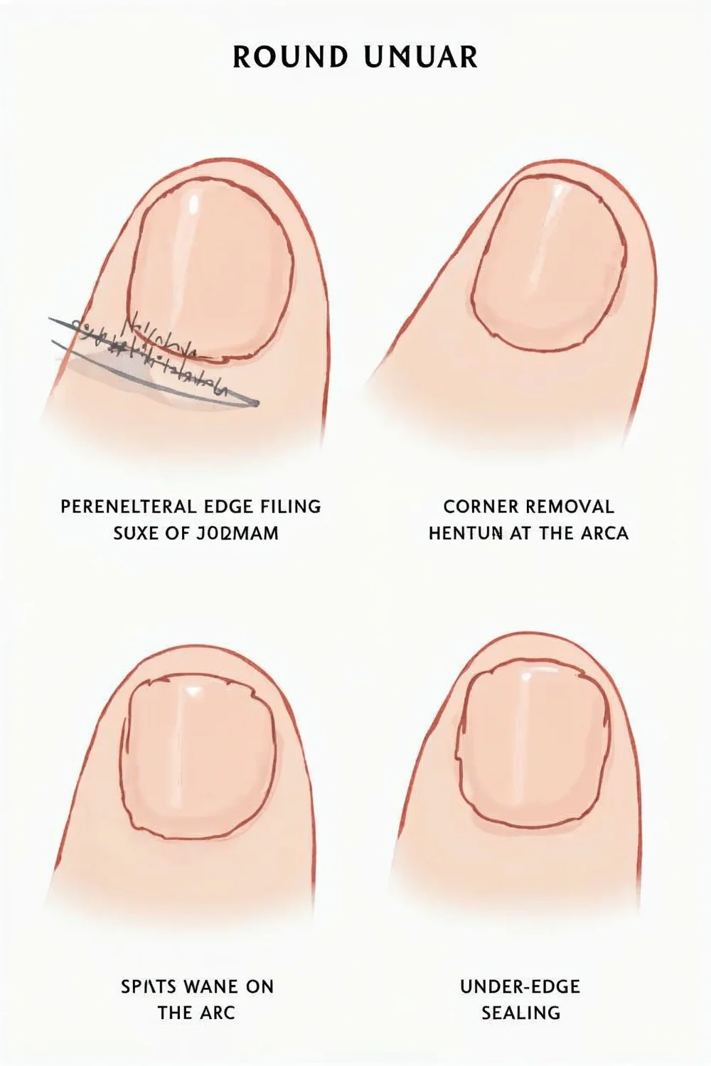 Step-by-step illustration of filing techniques for achieving a round nail shape with labeled sections for each technique