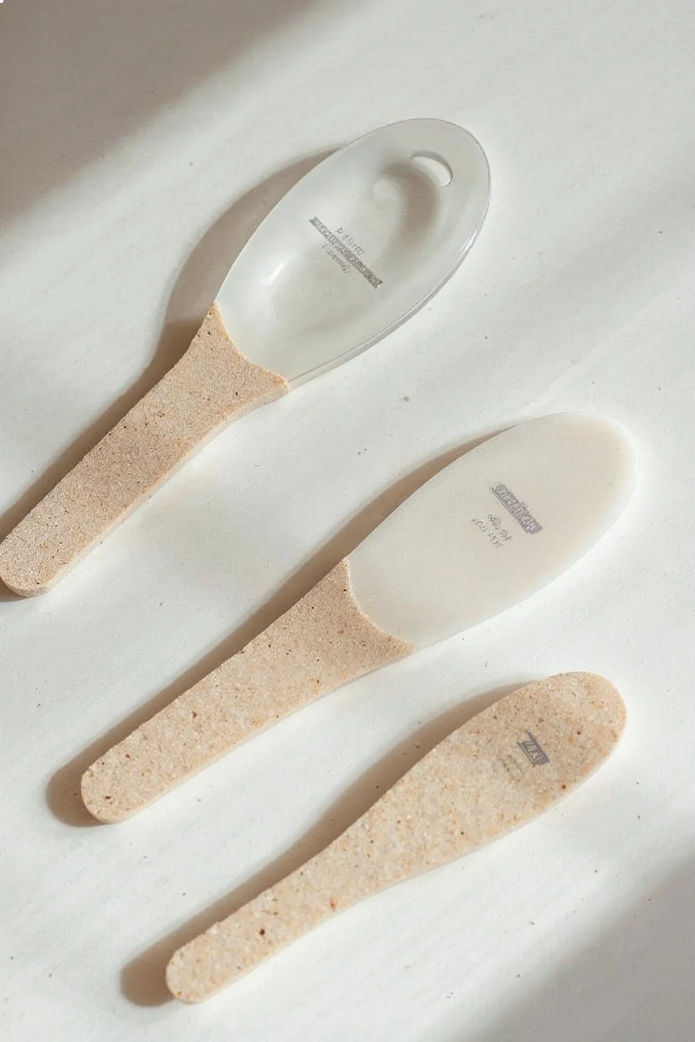 Flat lay of glass file, crystal file, buffer block, and emery board showing grit differences for round nail shape styling