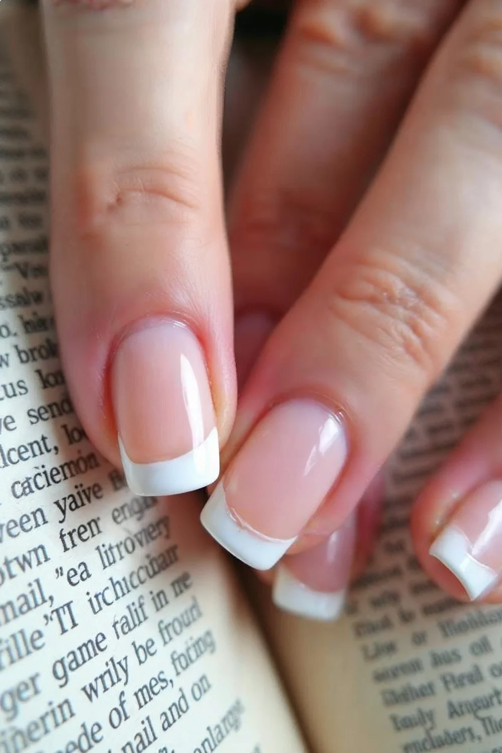 coral pink nails with white tips demonstrating round nail shape on a book page