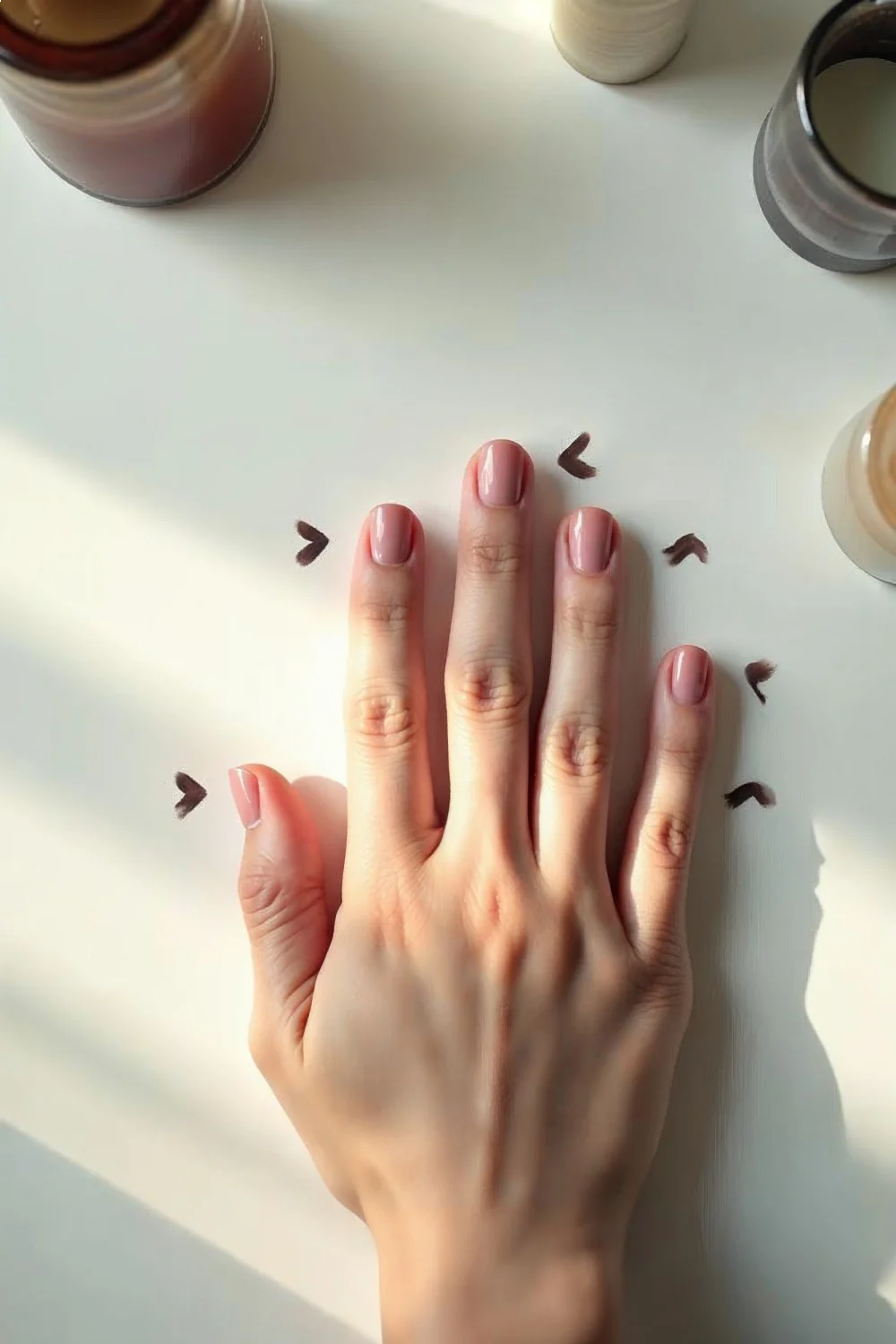 coral pink round nail shape with directional arrows around hand on a light surface