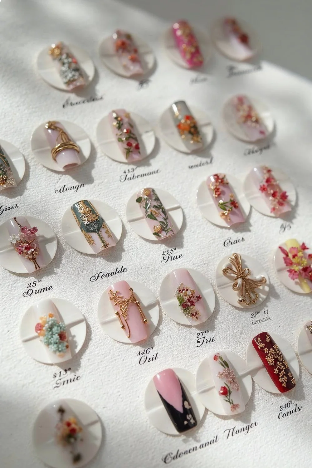Flat lay of 12 nail wheels with various short nail designs featuring floral patterns, gold accents, and pastel colors