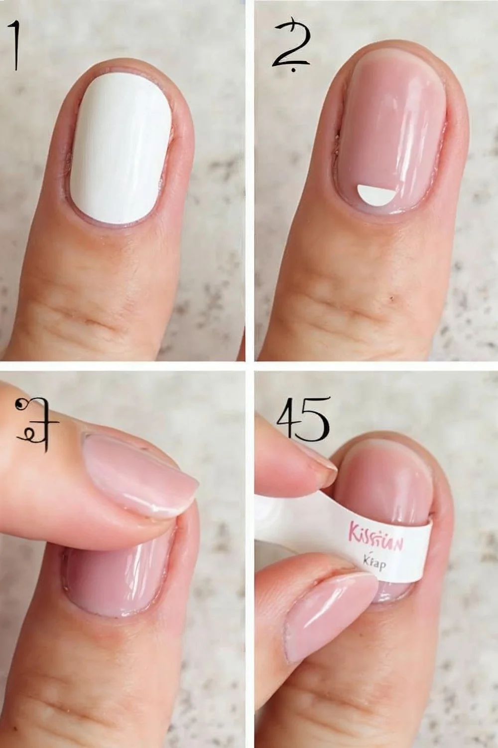 coral pink half-moon nail design with white base and reinforcement sticker placement