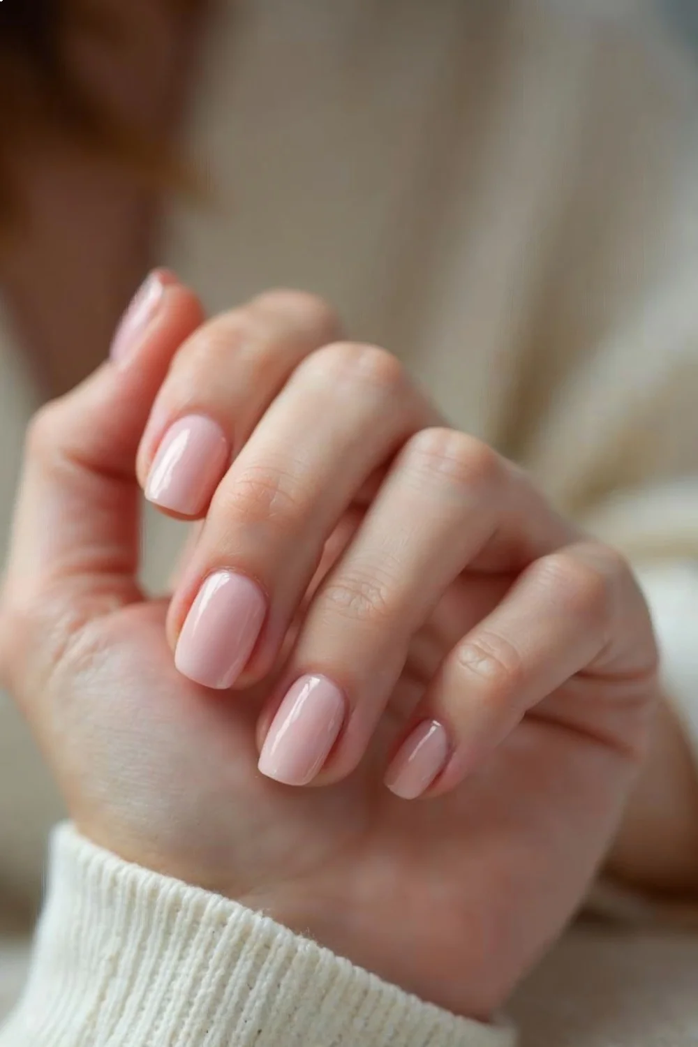 coral pink nails with a precise cuticle line and 1-2mm gap demonstrating short nail designs