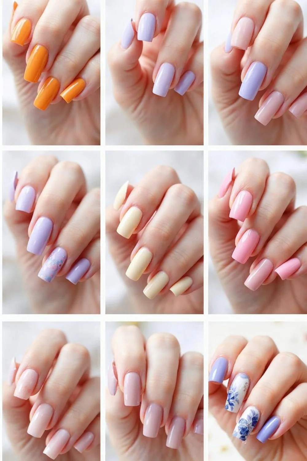 Grid layout showing all 10 completed designs on different hand poses, demonstrating various spring color combinations and techniques