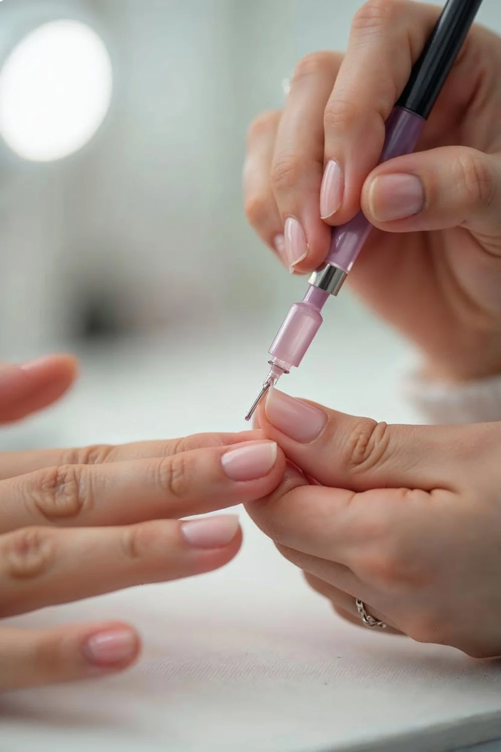 Close-up of a hand applying a strengthening base coat with a brush on a light pink nail, demonstrating proper wrapping techni
