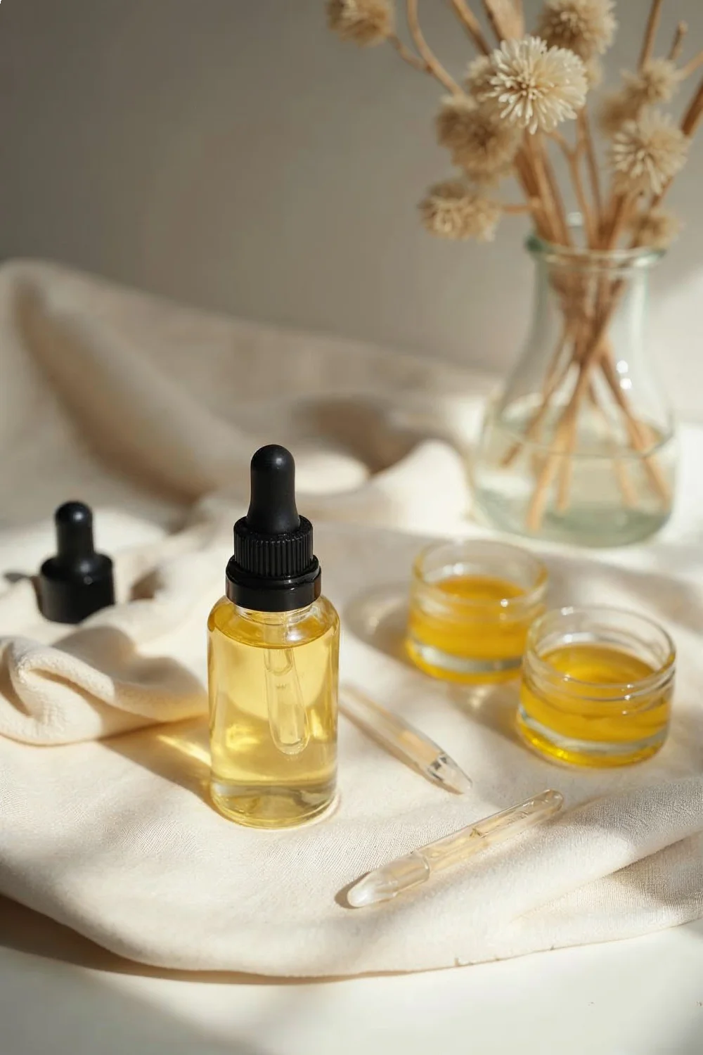 Flat lay of cuticle oil products including dropper bottles and pen applicators on a soft fabric background, how to strengthen