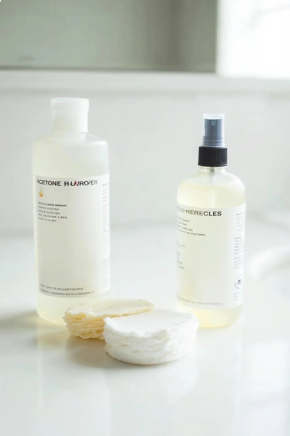Acetone remover bottle next to non-acetone alternative with cotton pads on a white surface