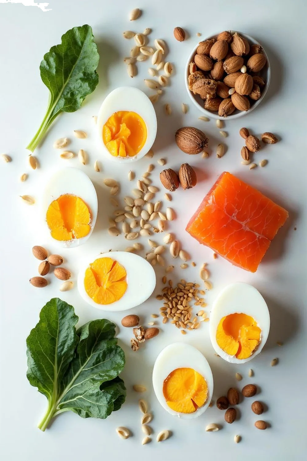 Nutrient-rich foods including eggs, nuts, leafy greens, and salmon on a white background for how to strengthen weak nails