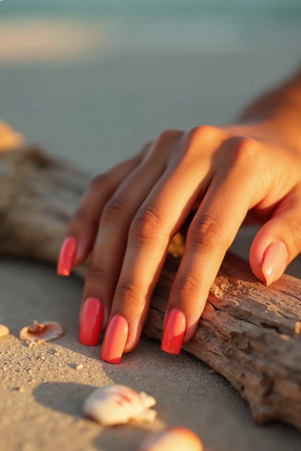 Burnt coral manicure on medium skin tone with subtle orange undertones showcasing summer nail colors 2026