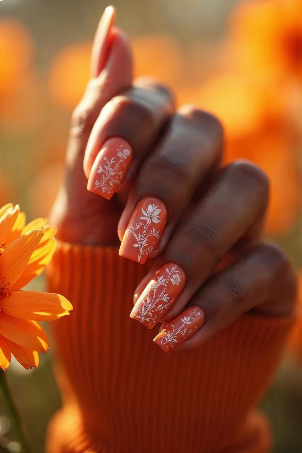 Terracotta manicure with matte finish on darker skin tone featuring white botanical line art, summer nail colors 2026