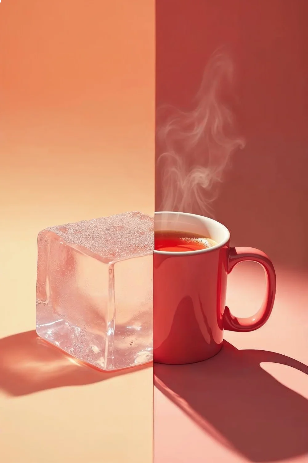 Split-screen of thermal polish in peach and rose, with an ice cube and steaming coffee mug, representing summer nail colors 2