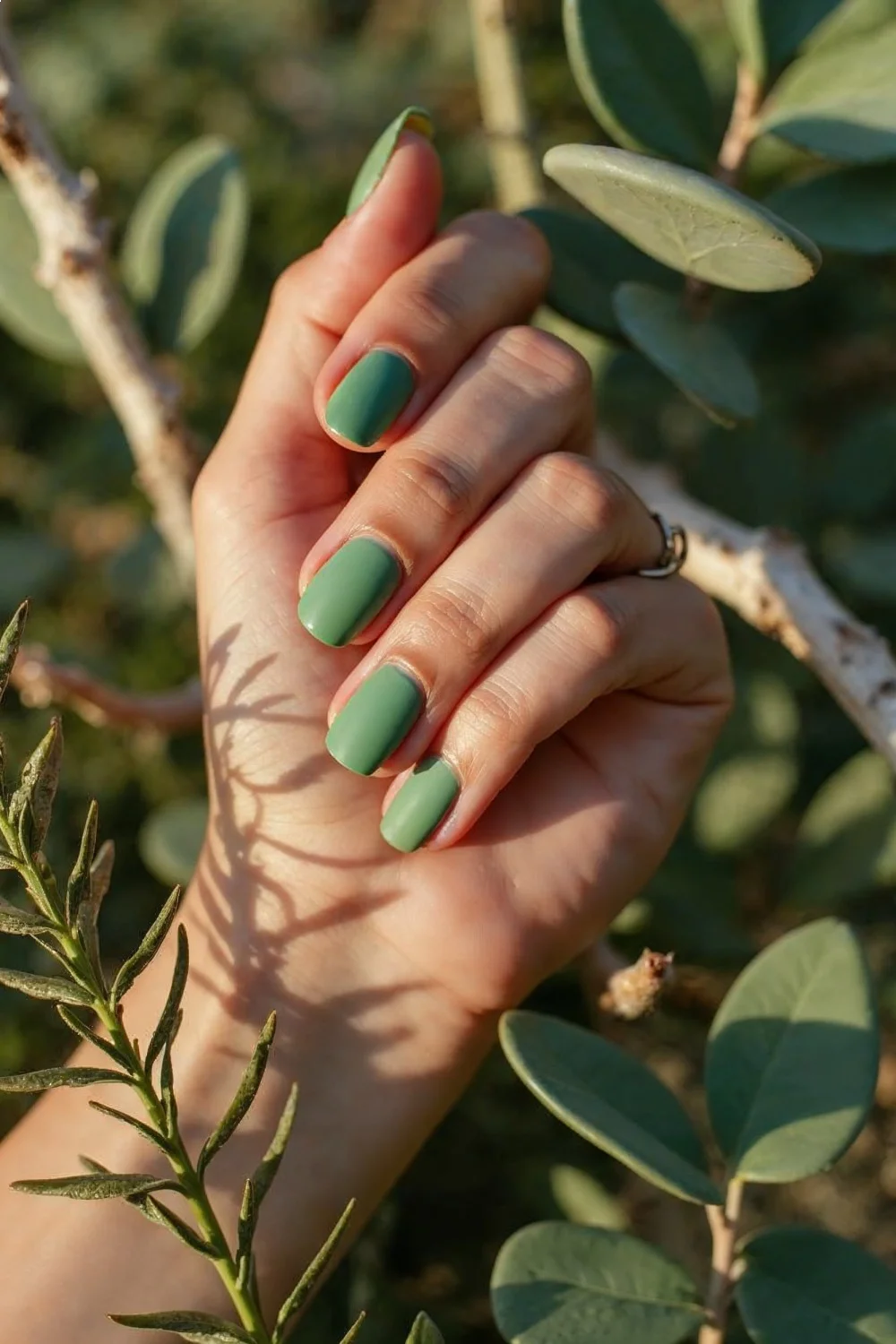 Sage green manicure with a matte finish, surrounded by plant leaves and natural wood elements, summer nail colors 2026