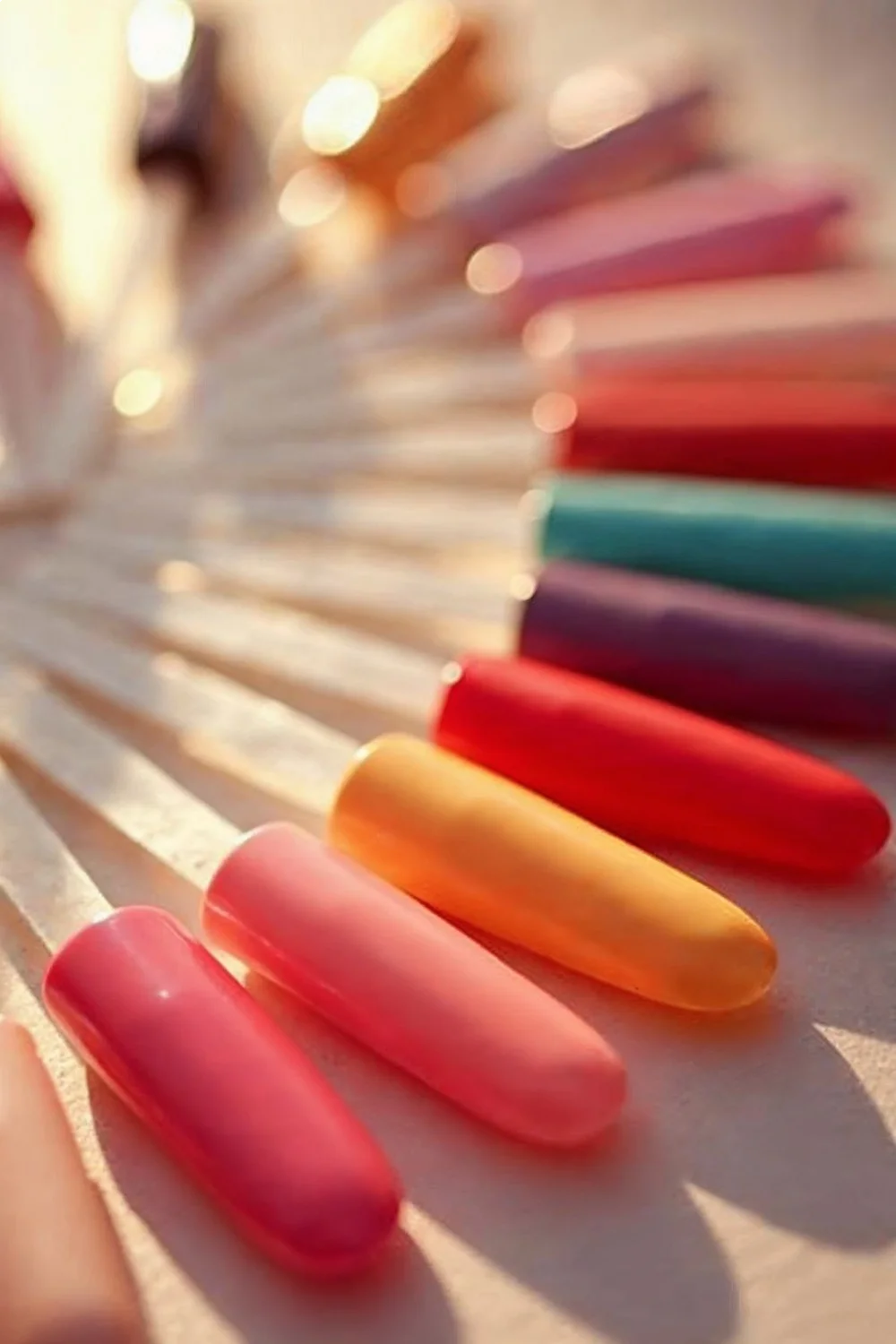 Swatches of 15 summer nail colors 2026 arranged in color temperature order on clear sticks in natural daylight