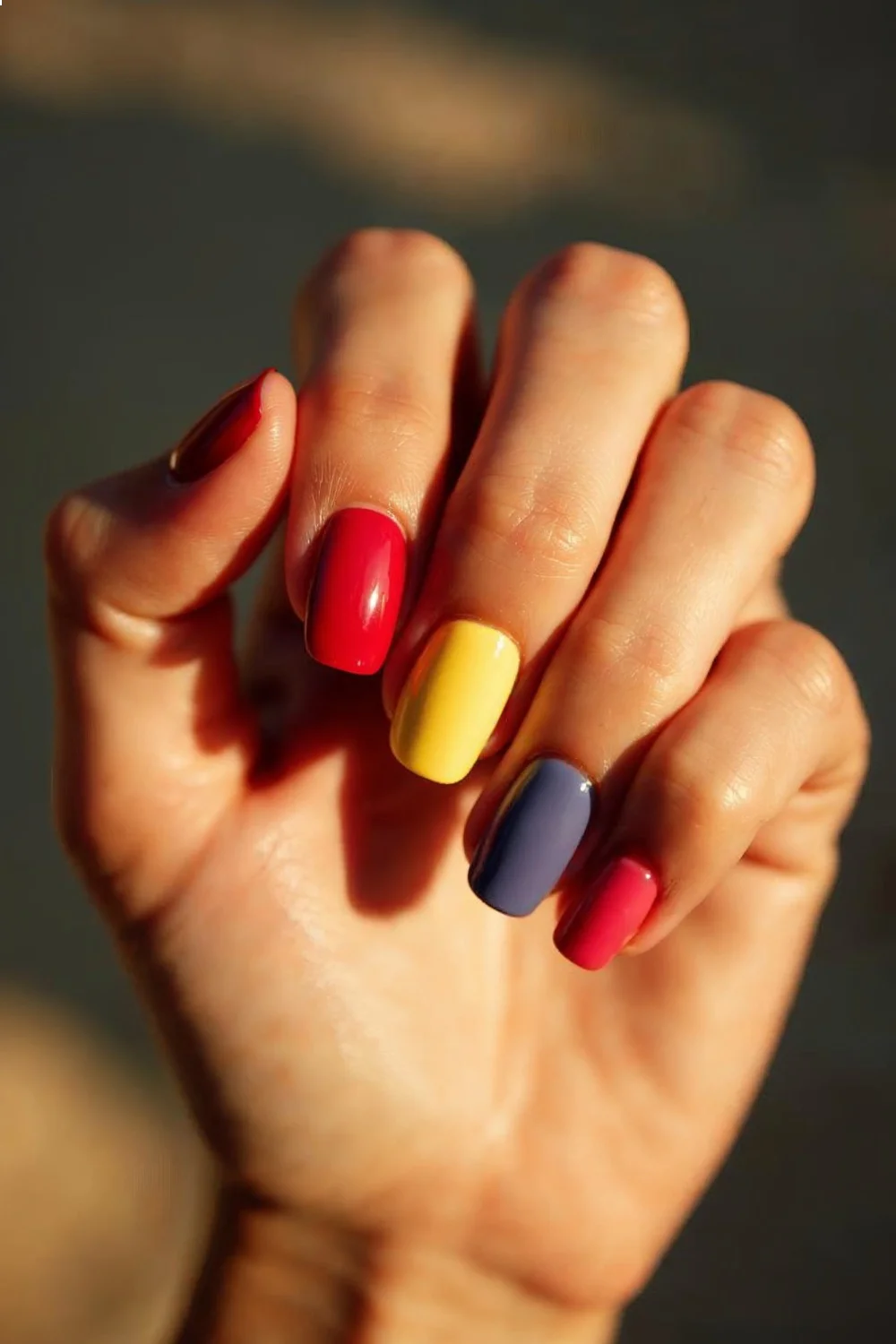Color-blocked manicure featuring red, coral pink, yellow, purple, and navy shades representing summer nail colors 2026
