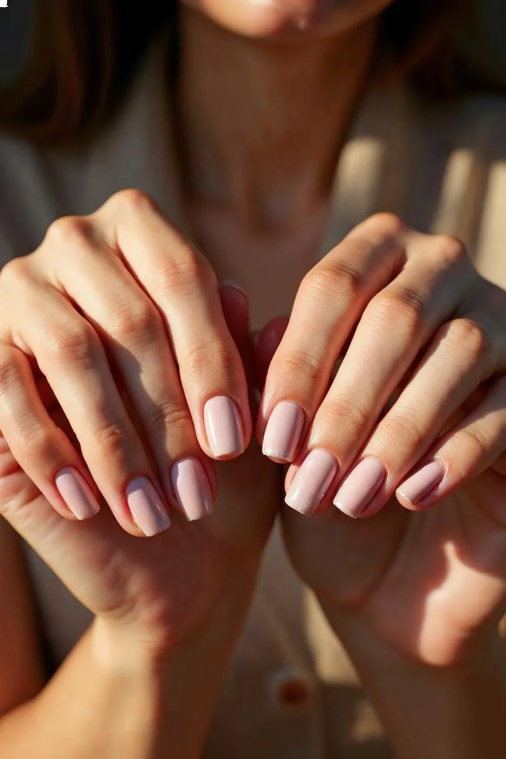 coral pink french tips with gold accents on almond nails, showcasing summer nail colors 2026