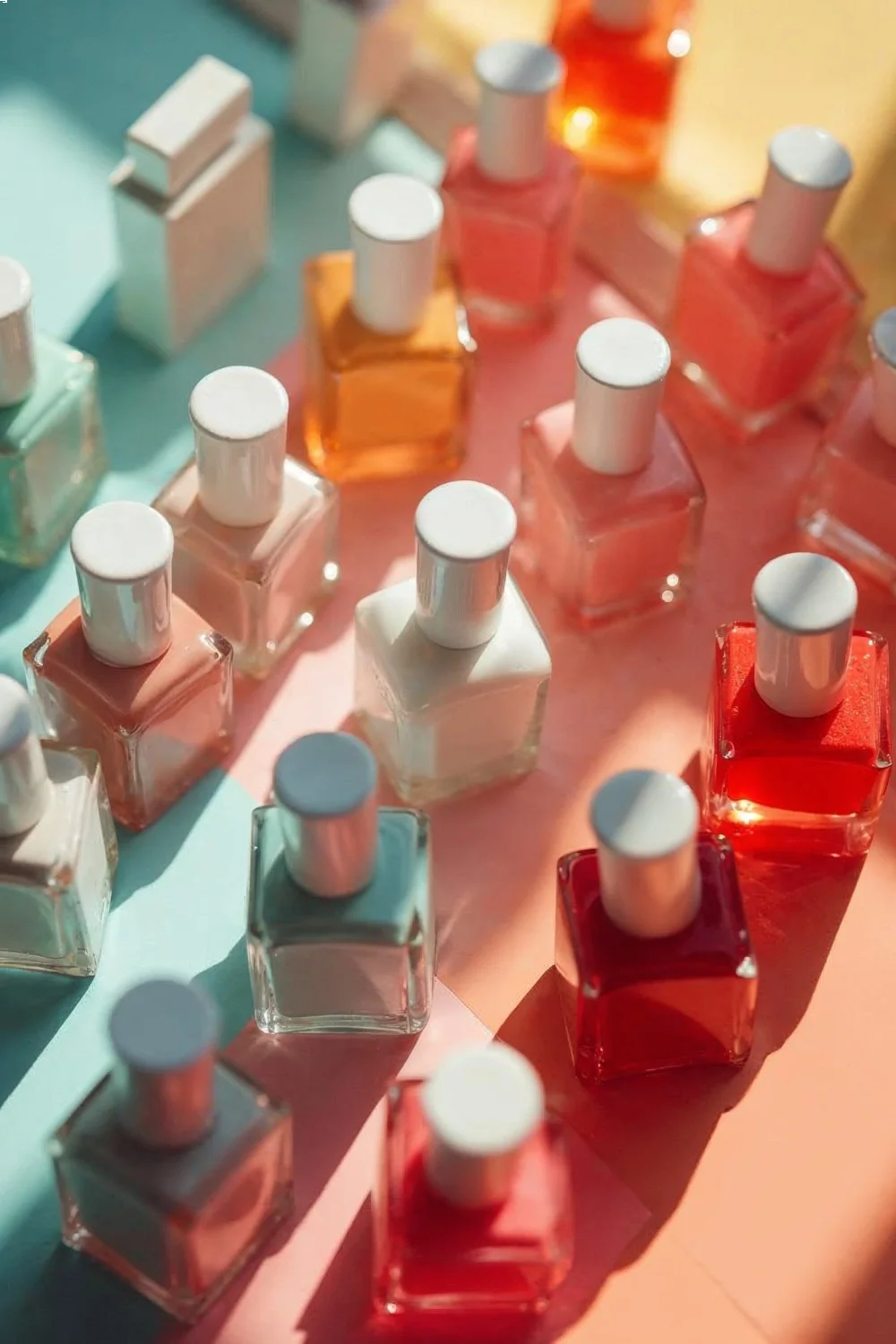 Flat lay of 15 nail polish bottles in cool ocean blues and warm terracottas for summer nail colors 2026
