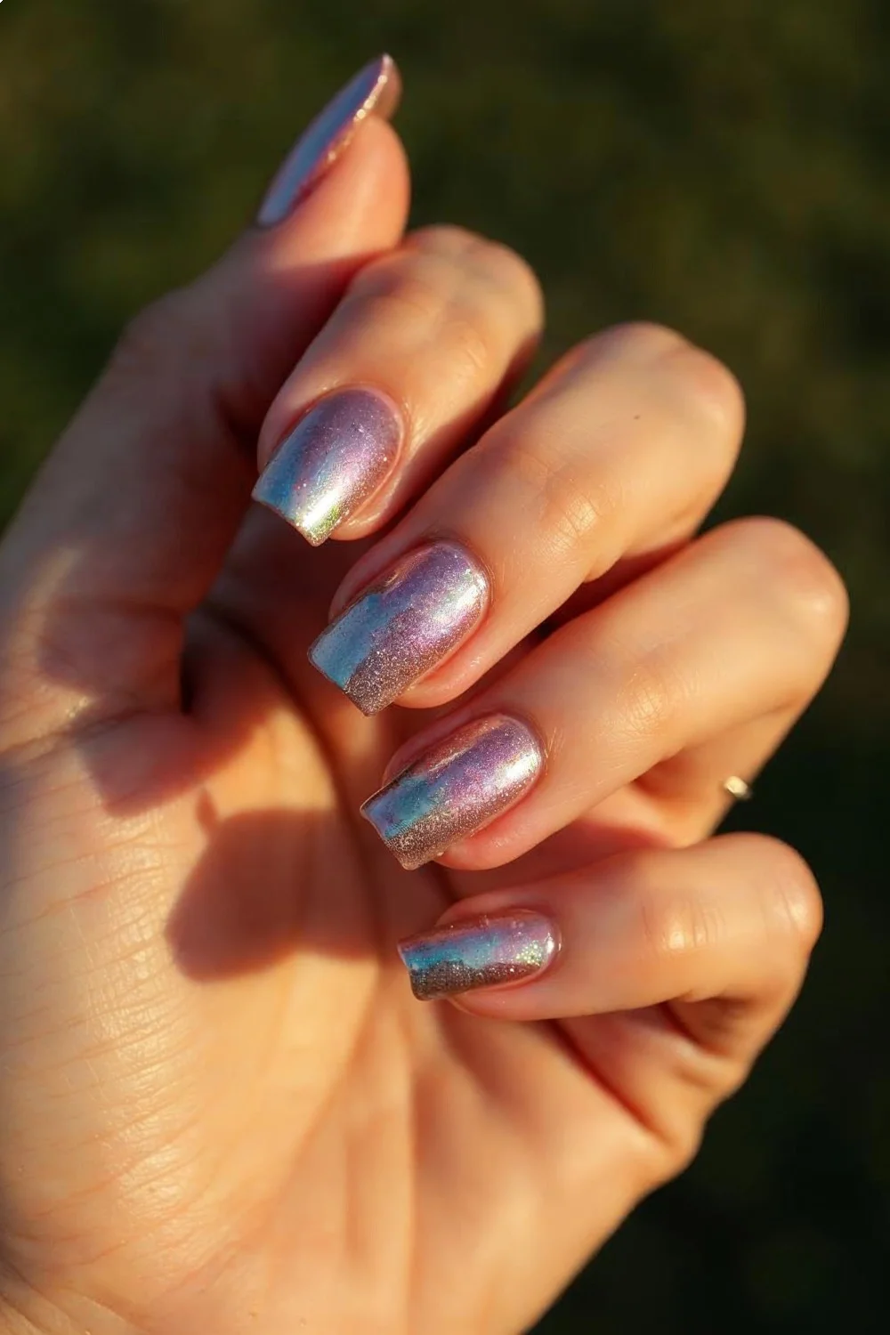 Hand positioned to catch natural light, showing holographic rainbow effect across all ten nails with different base colors