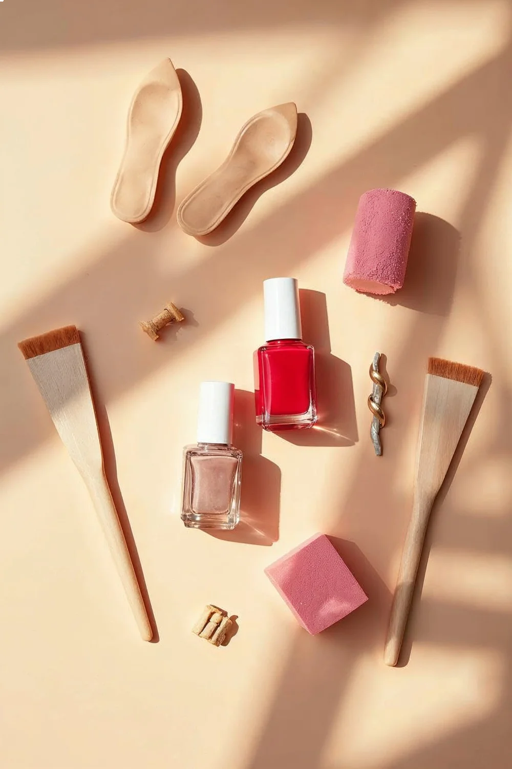 Flat lay of summer nail essentials - UV top coat, bold polishes, makeup sponges, and nail prep tools arranged on a bright background