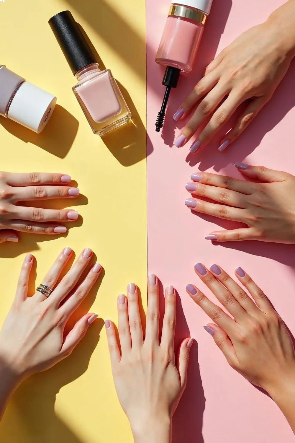 Flat lay comparison showing spring nail products (pastels, thin formulas) next to summer alternatives (bright colors, thicker consistency polishes, UV protection base coats)