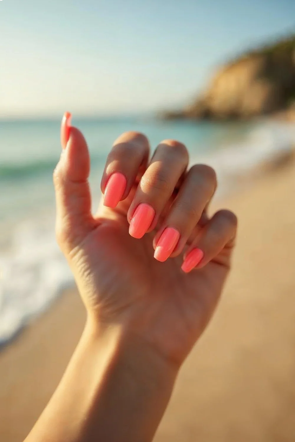 Hand wearing medium oval nails in coral polish, photographed against a beach background, showing how the shape looks elegant but practical for summer activities