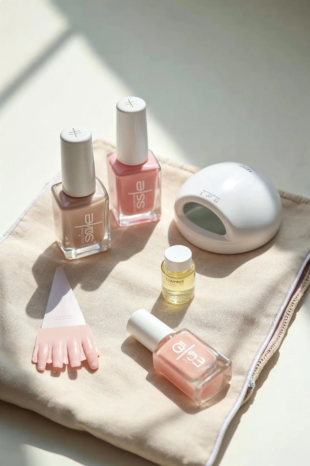 Flat lay of gel polish bottles in soft pink and nude, LED lamp, cuticle oil, and press-on nails on a travel pouch for vacatio