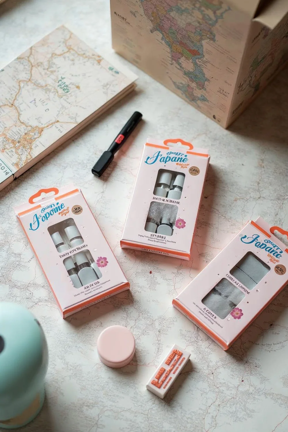 Press-on vacation nails in packaging with alcohol wipes, buffer, and adhesive tabs on a map background