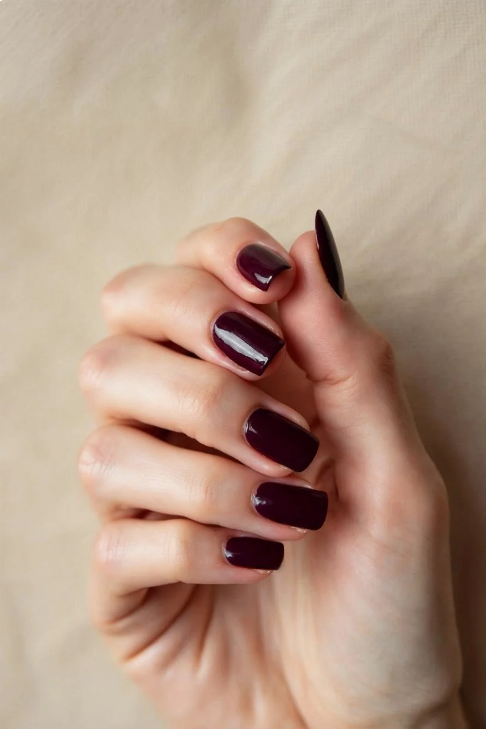 Deep burgundy gel manicure on short nails against a neutral background, showcasing vacation nails
