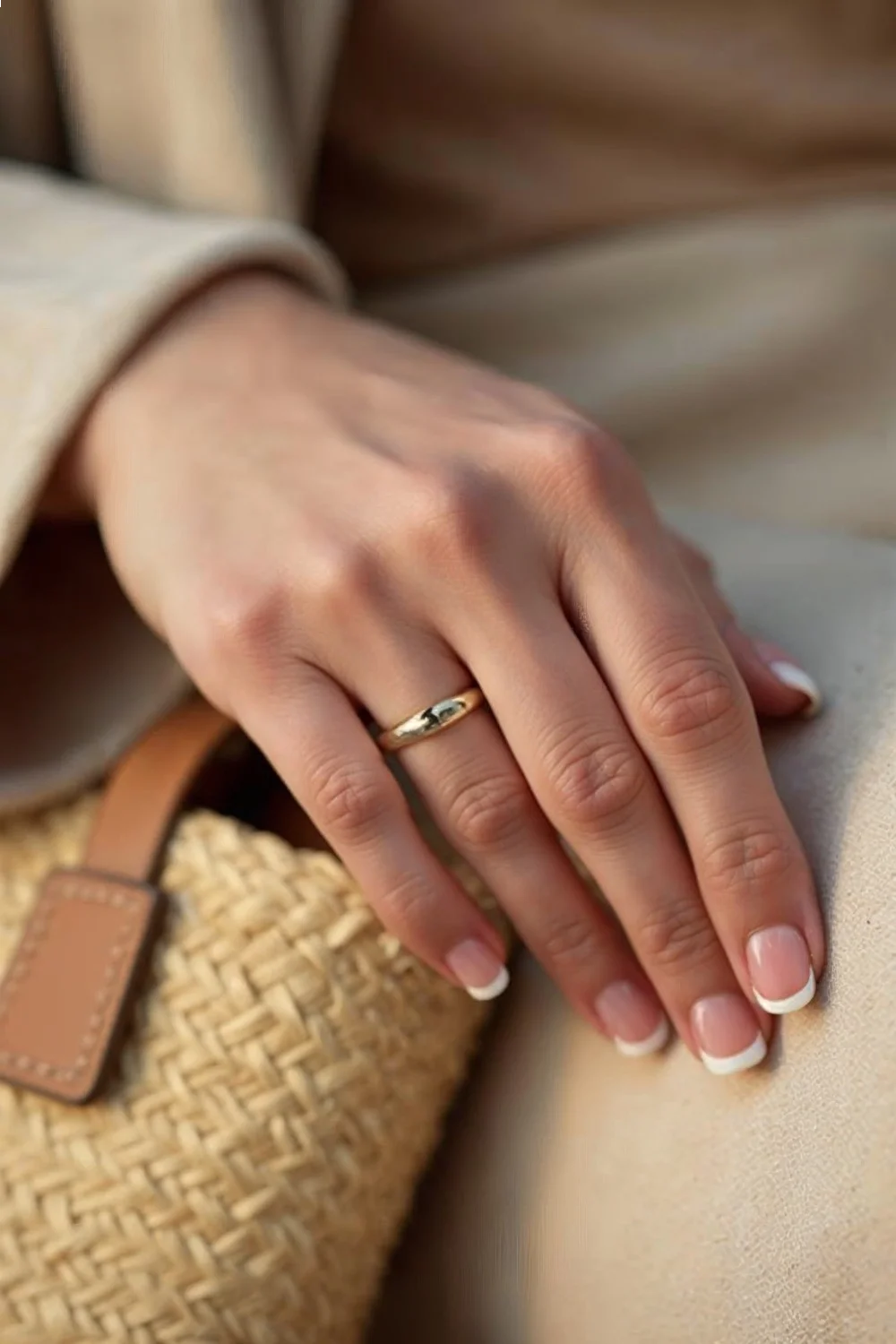 French manicure with crisp white tips on sheer pink base, almond-shaped nails resting on a woven bag