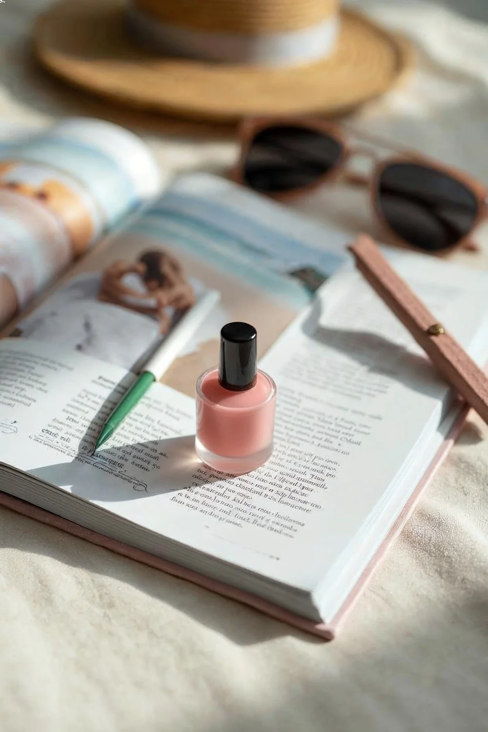coral pink polish bottle on an open book with sunglasses and a straw hat, representing vacation nails essentials