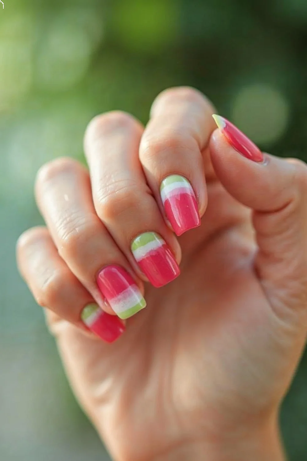Classic horizontal watermelon nails featuring pink, white, and green layers on all five fingers