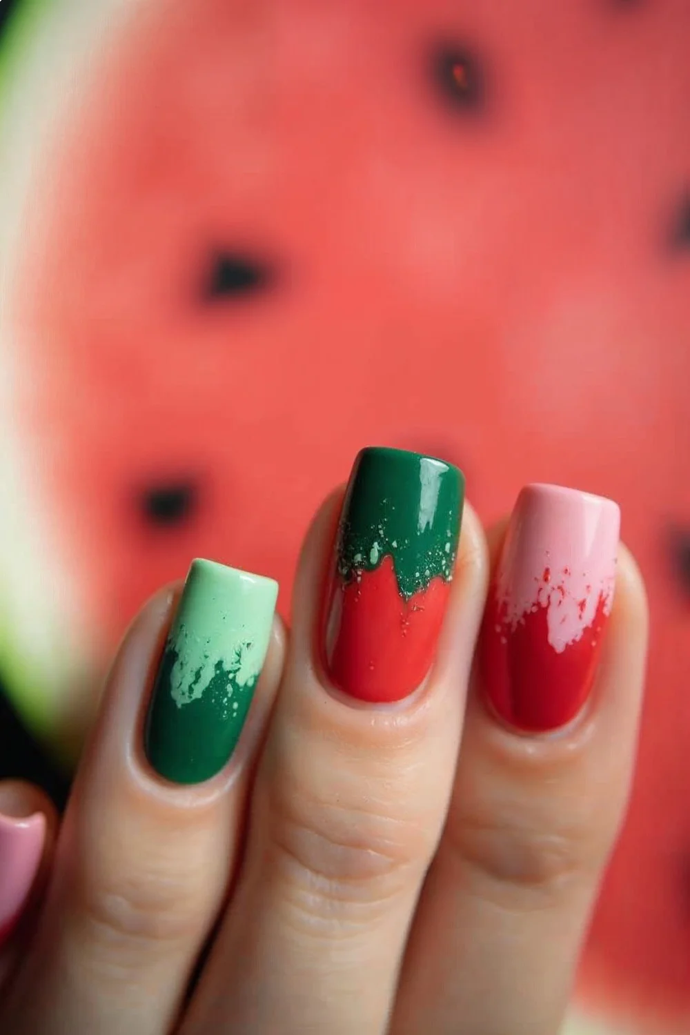 Abstract geometric sections in watermelon colors with clean lines, featuring green, pink, and red blocks on nails
