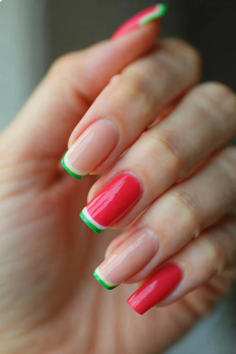 Nude base nails with coral pink tips and green edge detail representing watermelon nails