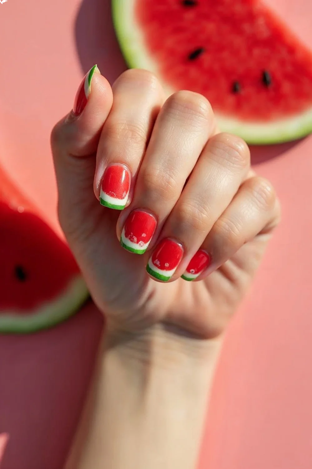 Half-moon watermelon nails with red polish, green tips, and white seeds, surrounded by watermelon slices