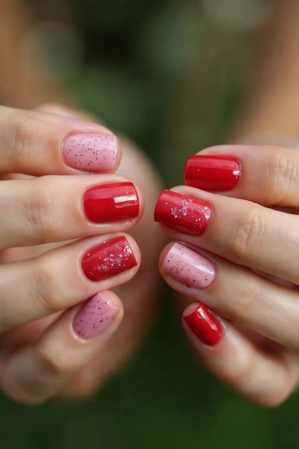 Glossy watermelon nails in red and pink shades on one hand, matte watermelon design on the other hand