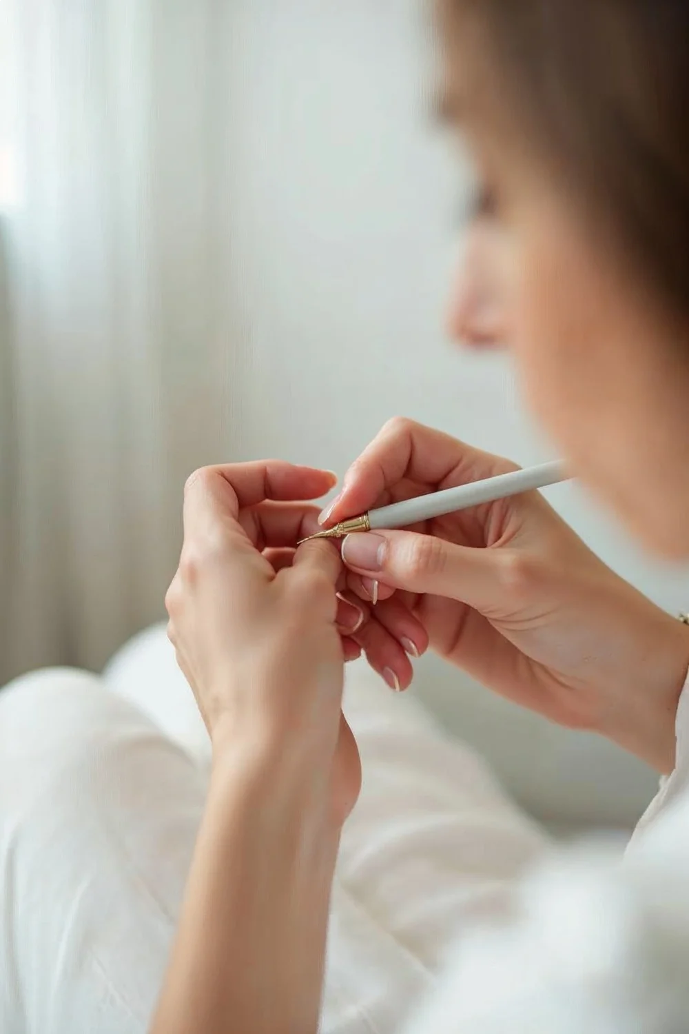 woman applying coral pink French tips with gold accents on almond nails