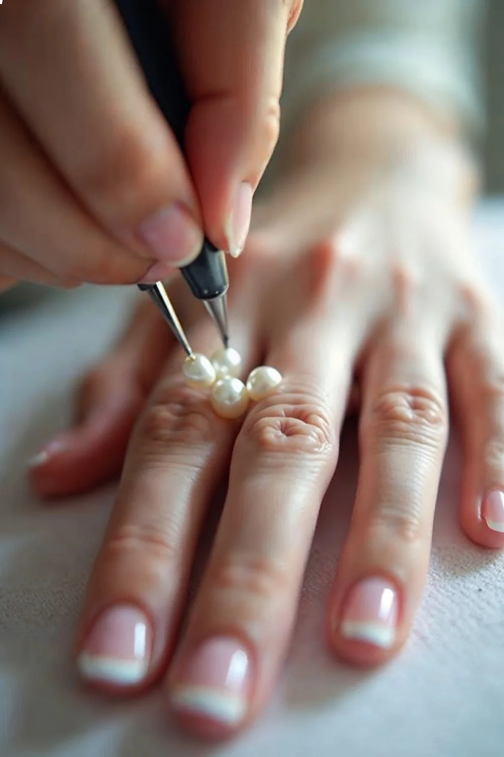 coral pink nails with white tips and pearl placement technique being applied on a hand