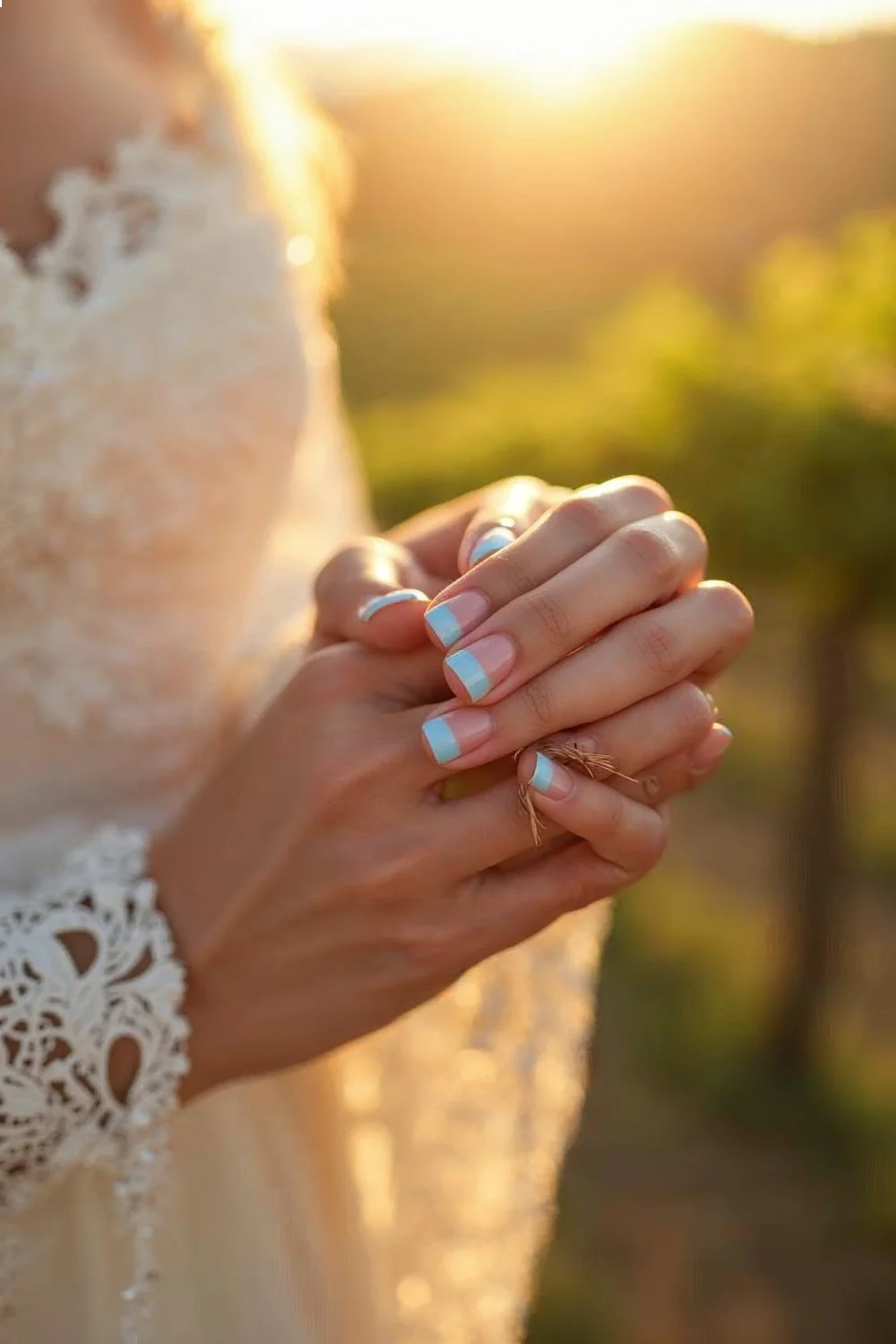 Baby blue French tips on sheer pink base with elegant almond-shaped nails