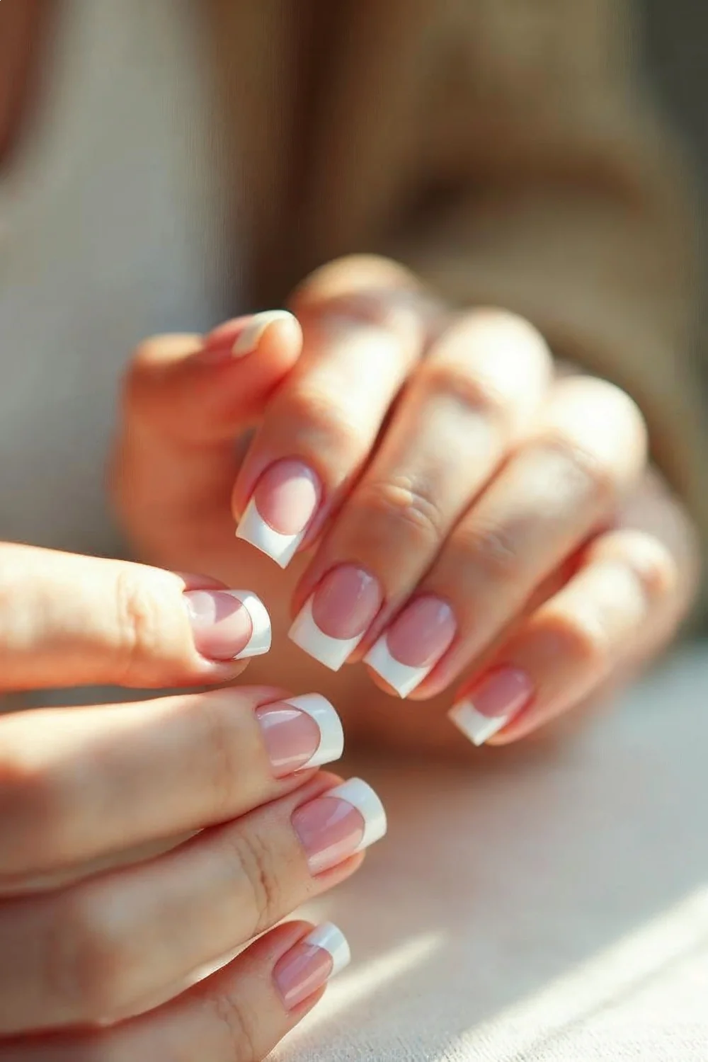 coral pink reverse French manicure with white tips on almond-shaped nails