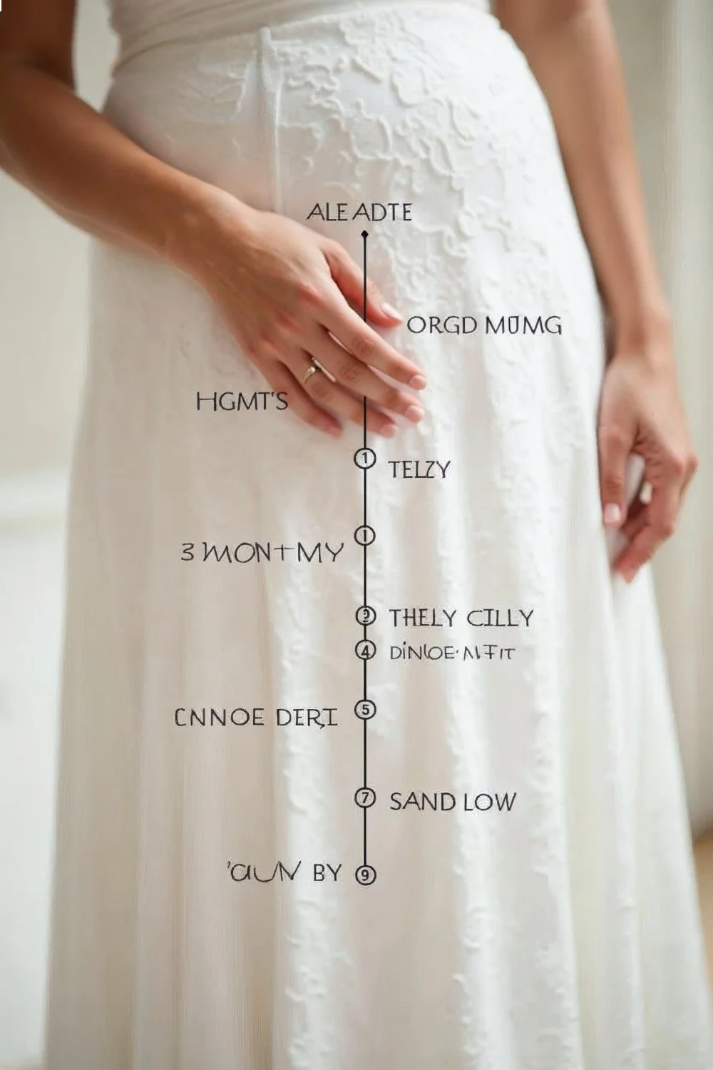 Timeline graphic with milestones for wedding nails preparation, featuring a hand with a ring on a white dress