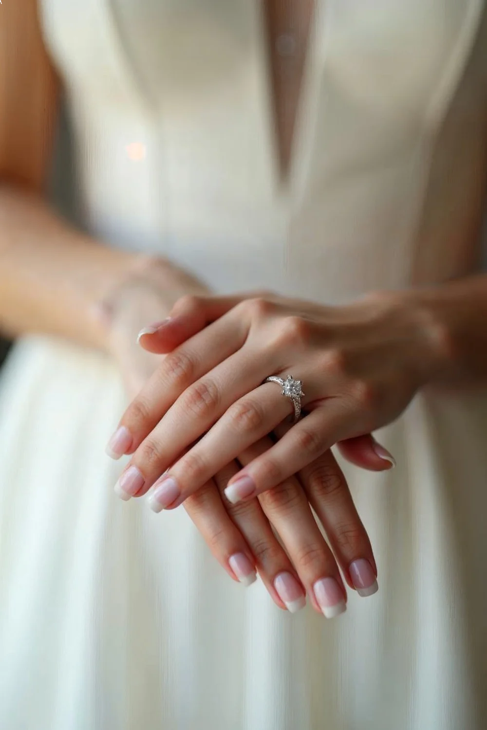 Bride's hands with a classic French manicure, featuring pale pink tips, showcasing an engagement ring in natural light