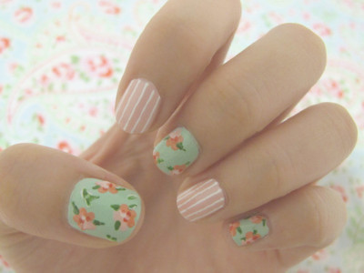 floral nails with stripes