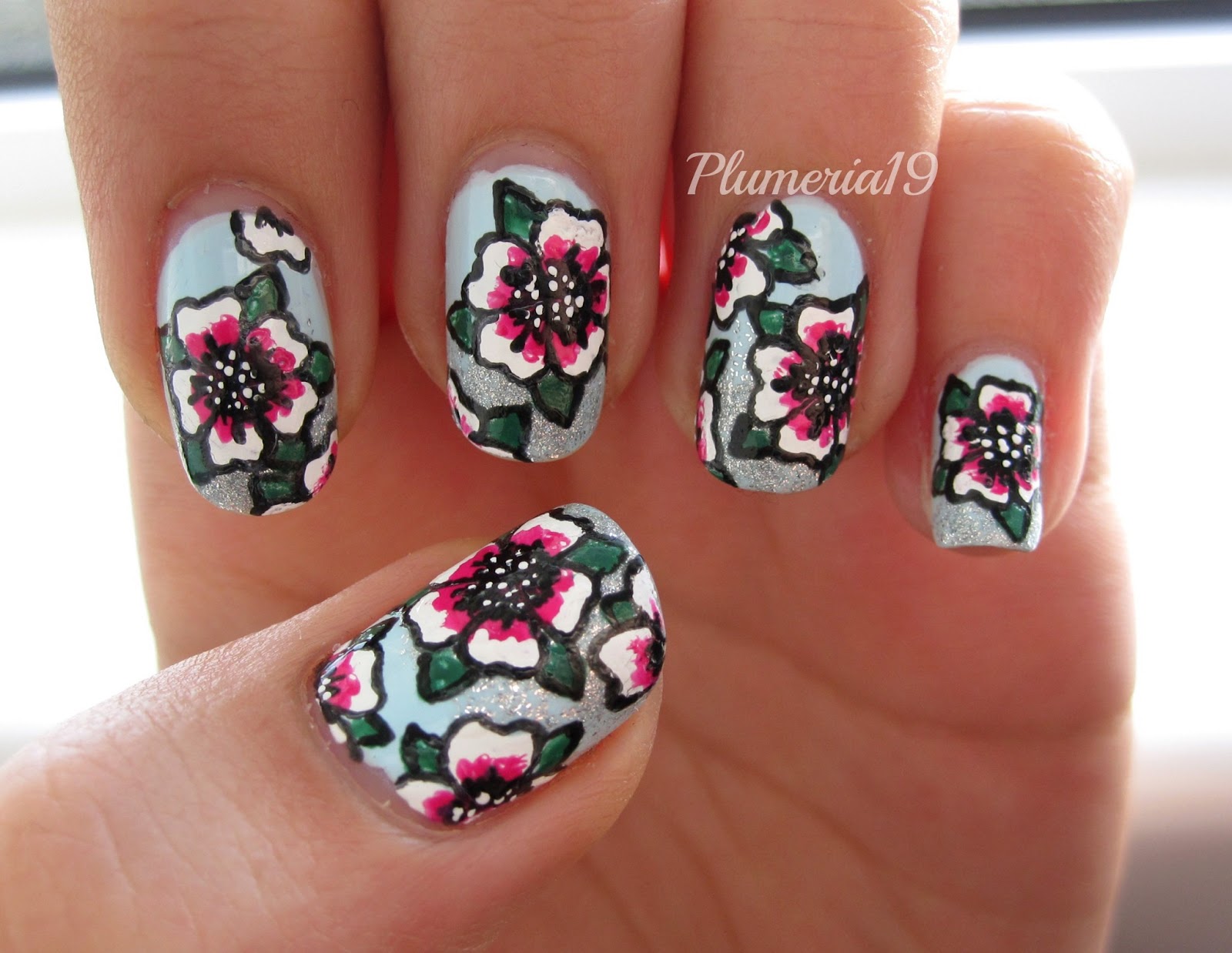 imitation one stroke floral nails